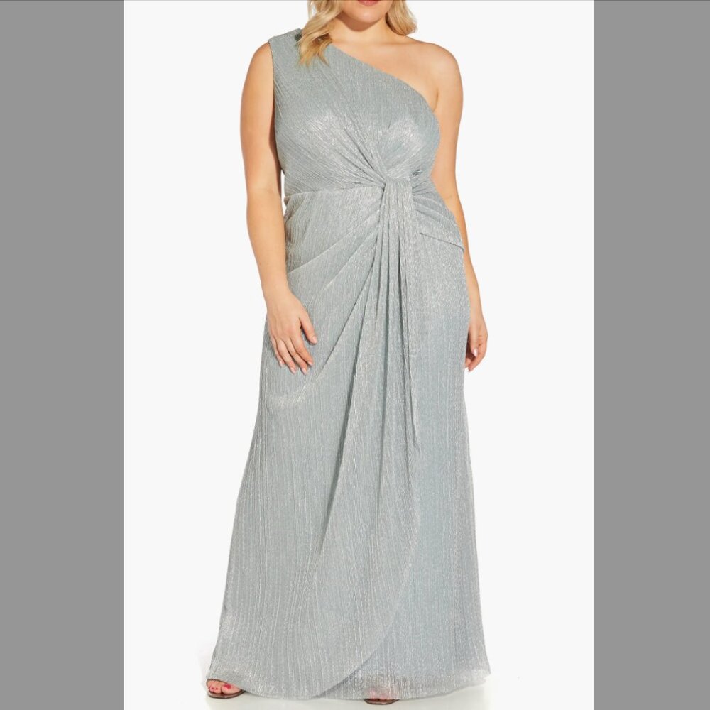 NWTs ADRIANNA PAPELL Stardust Pleated One-Shoulder Evening Gown